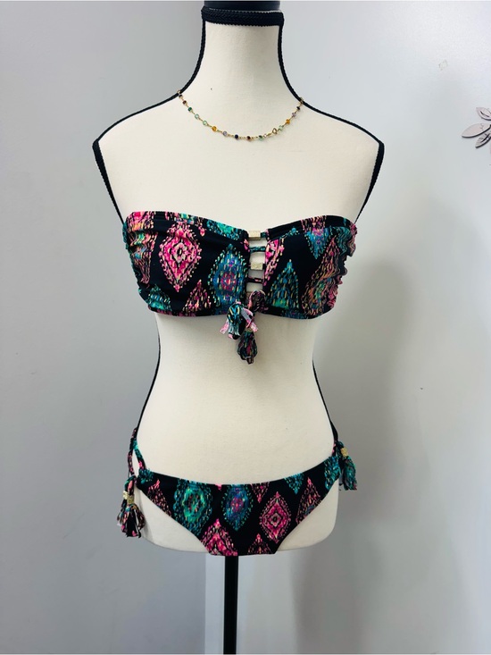 Bikini Village Other - Black Bandeau Bikini with Pink & Teal Aztec Print S/M